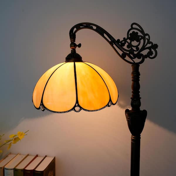 63 in. Tiffany Style Bronze Finish 1-Light Standard Floor Lamp with Beige Stained Glass Lamp Shade