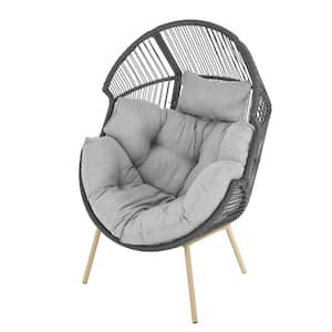 35 in. W Oversized Dark Gray Wicker Egg Chair Patio Egg Lounge Chair with Light Gray Cushions