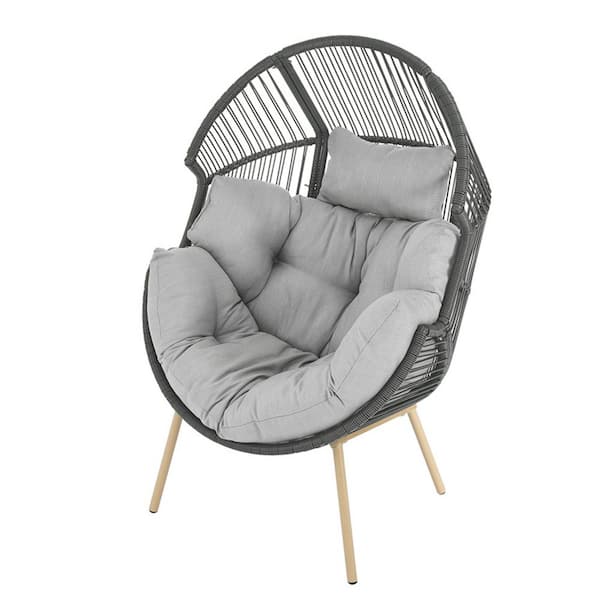 Pocassy 35 in. W Oversized Dark Gray Wicker Egg Chair Patio Egg Lounge Chair with Light Gray Cushions