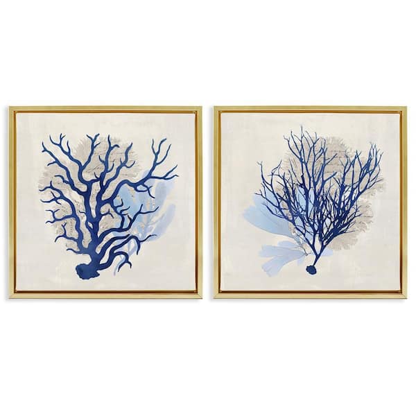 Blue Coral Branches by Susan Arnot 2-Pieces Gold Floater Frame Coastal Graphic Art Print 25 in. x 25 in.