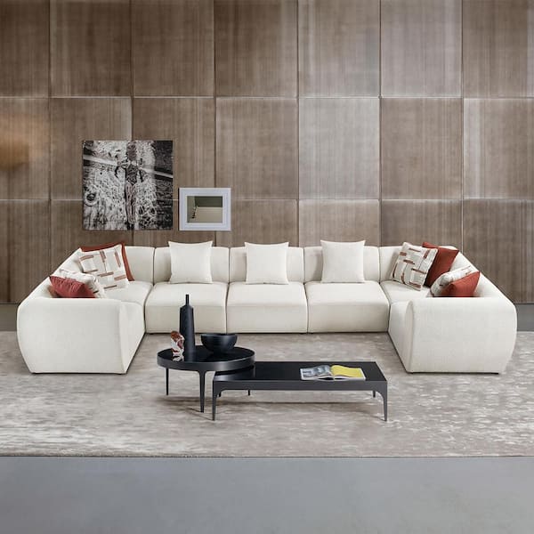 Rhett 196.5 in. Round Arm 7-Piece Chenille Modular Sectional Sofa in. Beige