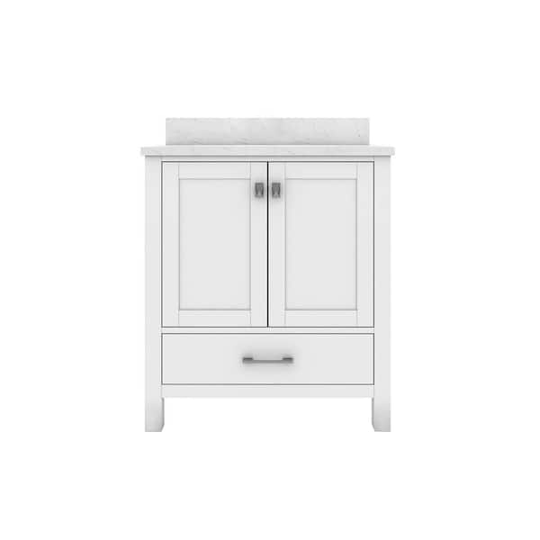 Sinber STYLE1 30 in. W x 22 in. D x 35 in. H Ceramic Sink Freestanding Bath Vanity in White with Carrara White Marble Top