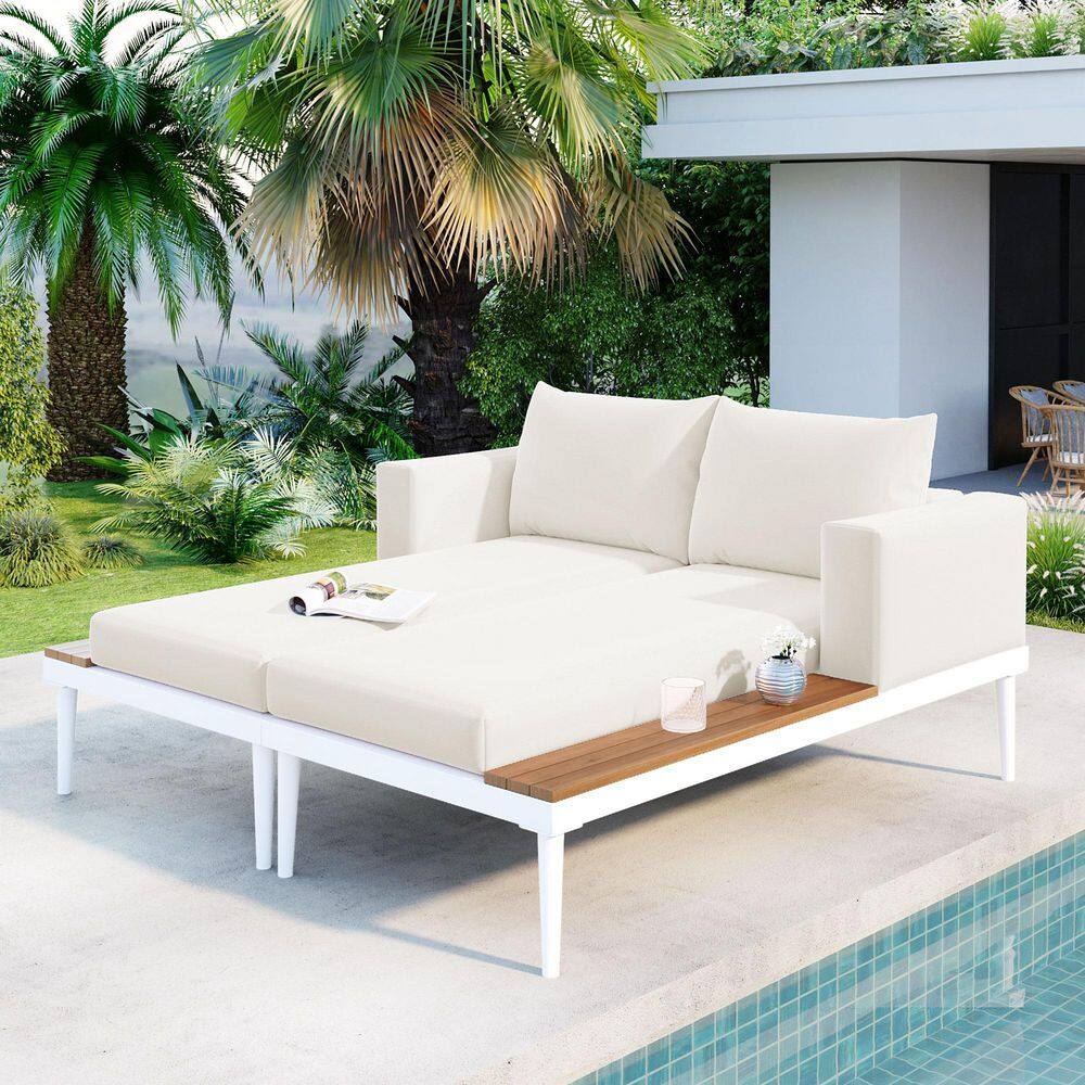 2-Pieces Wood Outdoor Adjustable Chaise Lounge with Beige Cushions and Side Table price history on PriceWatchPro