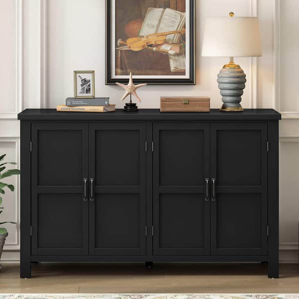 Black Wood 51 in. Sideboards with 4-Door Storage,Adjustable Shelves and Retro Atimon Handles