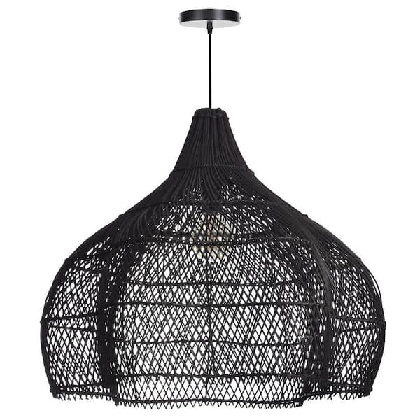 60-Watt 1-Light Black Handwoven Rattan Pendant Light with Teardrop Shade, No Bulbs Included, 24 in.