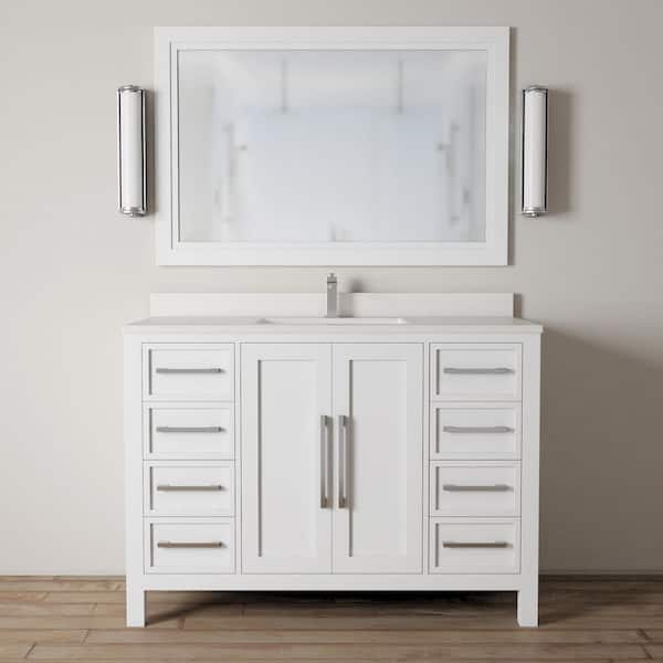 Urban Woodcraft Almeria 48 in. W x 22 in. D x 36 in. H Single White Sink Bath Vanity in White with White Quartz Counter Top and Mirror