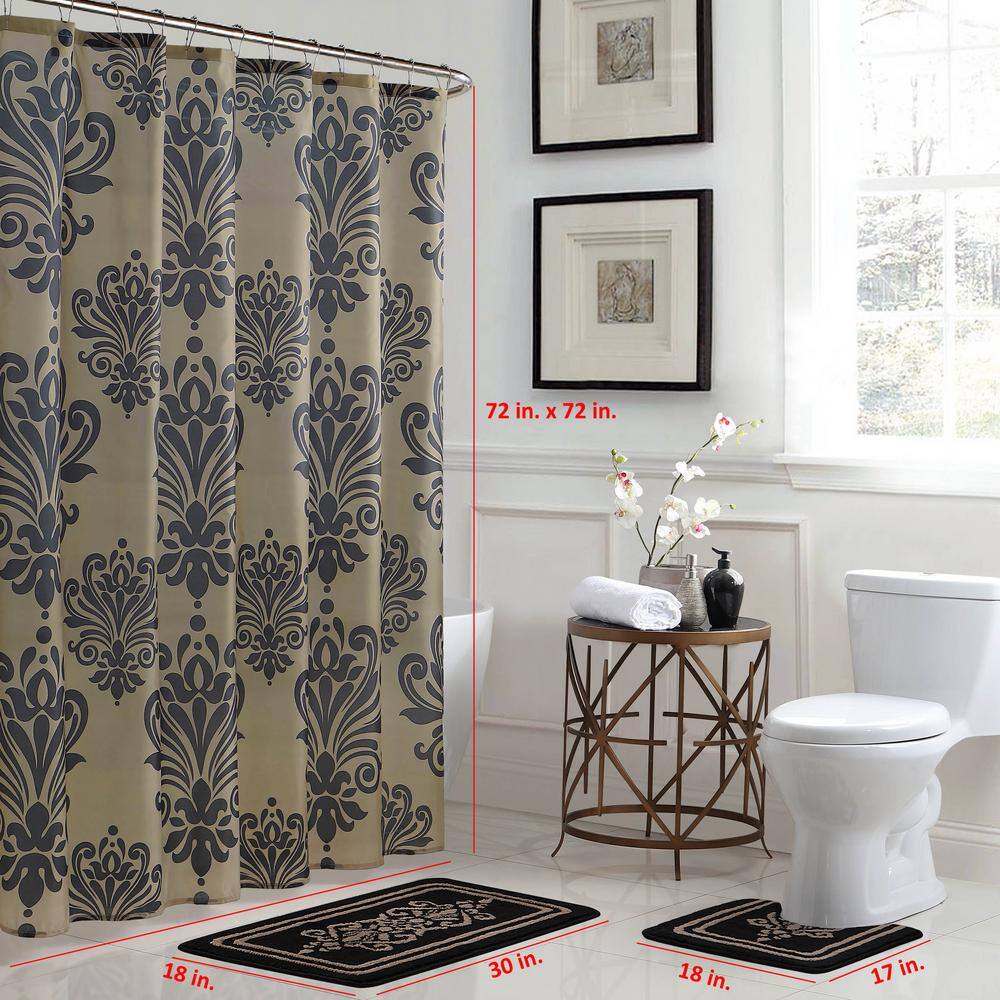 Reverly Black and Linen Geometric Damask 15-Piece Bathroom Shower Set