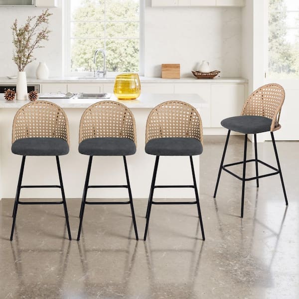 40.55 in. H Woven Wicker Low Back Metal Bar Stool with Black Chenille Fabric Seat Cushion(set of 4)