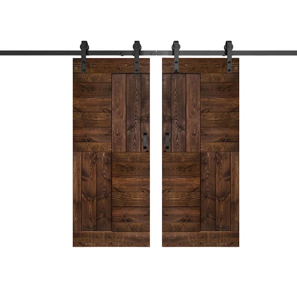 ISLIFE S Series 72 in. x 84 in. Kona Coffee Finished DIY Solid Wood Double Sliding Barn Door with Hardware Kit