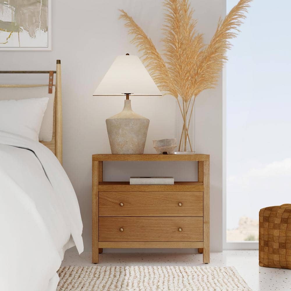 Natural Acacia Wood 2-Drawer Nightstand with Open Shelf