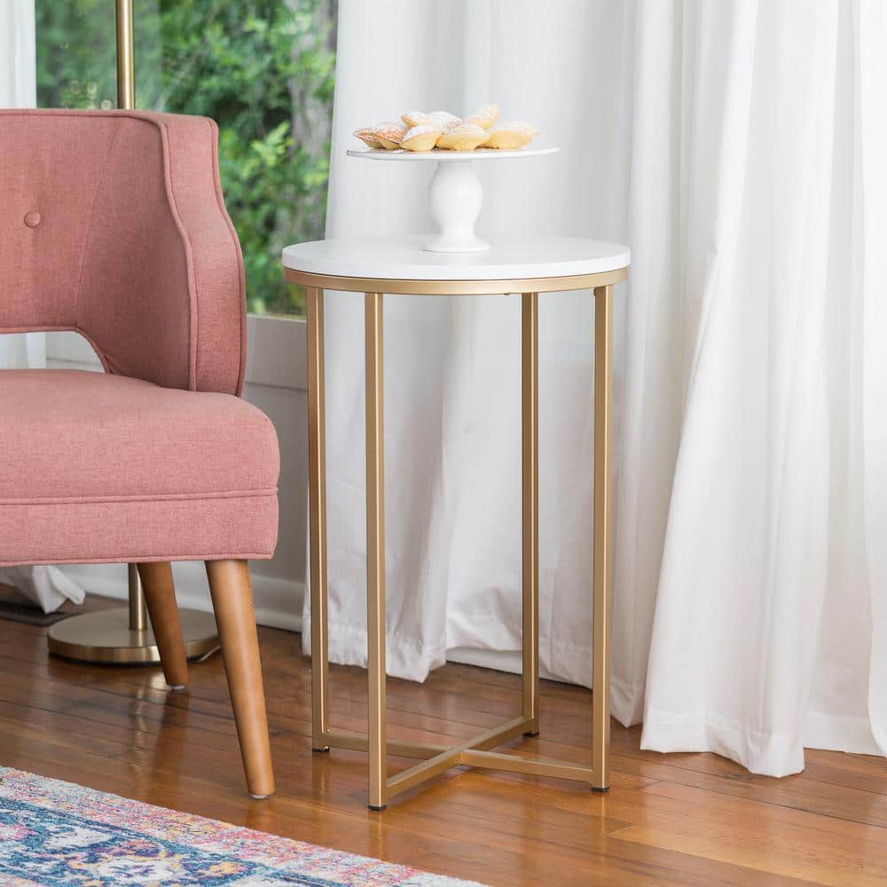 16" White Faux Marble and Gold Round End Table