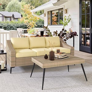 2-Piece Wicker Outdoor Loveseat Patio 3-Person Seat Sofa Couch Set with Coffee Table and Khaki Cushions