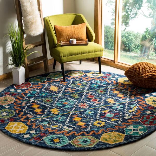 Aspen 5 ft. x 5 ft. Navy/Gold Geometric Round Rug