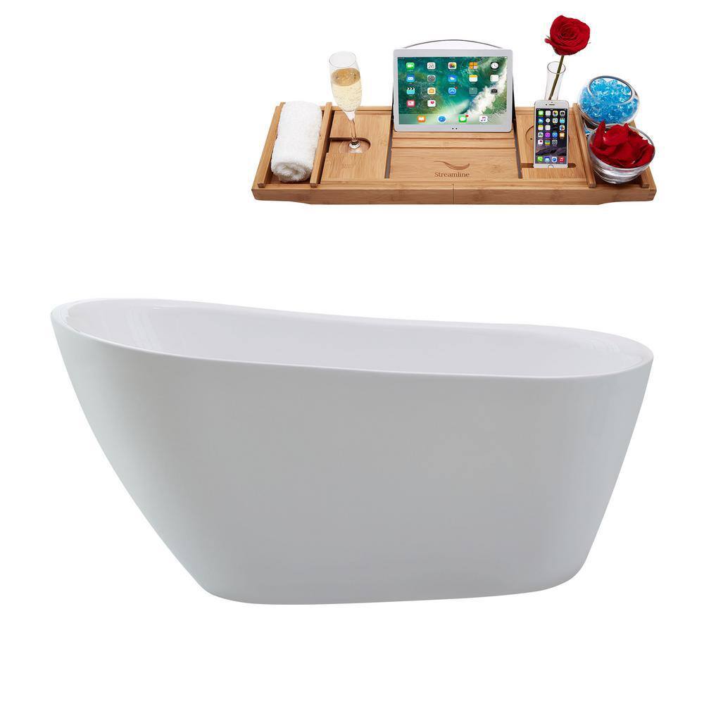 59'' Glossy White Freestanding Acrylic Bathtub with Gold Trim