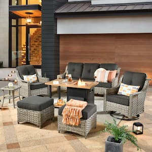 Tulip B Gray 7-Piece Wicker Patio Storage Fire Pit Conversation Set with Swivel Rocking Chairs and Black Cushions