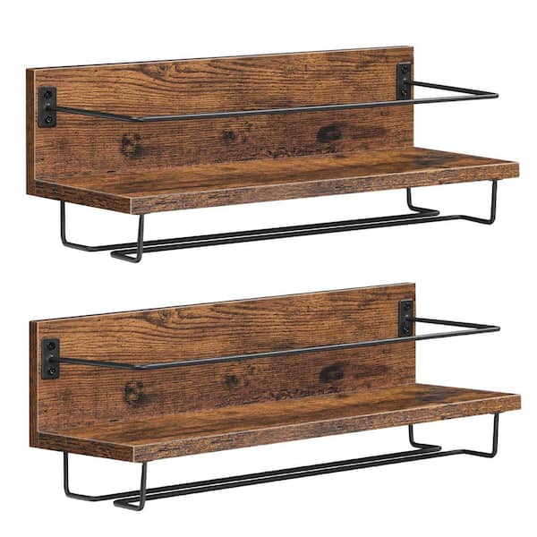 5.5 in. H x 15 in. W 6-Bottle Rustic Brown and Black Metal and Particleboard Wall Mounted Wine Rack with Glass Holder