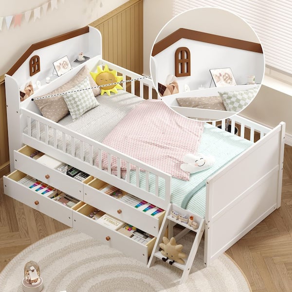 Lilly White Wood Frame Twin Size Platform Bed, Kids Bed with Storage 4 Drawers, House-Shaped Headboard, Guardrail,Ladder