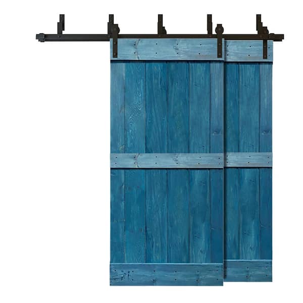 CALHOME 76 in. x 84 in. Mid-Bar Bypass Ocean Blue Stained Solid Pine Wood Interior Double Sliding Barn Door with Hardware Kit
