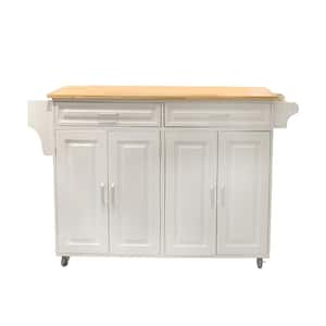 White Kitchen Island with Solid Wood Table Top, 2-Drawer, 2-Door Cabinet, Spice Rack and Towel Rack