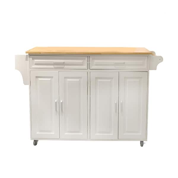 Tileon White Kitchen Island with Solid Wood Table Top, 2-Drawer, 2-Door Cabinet, Spice Rack and Towel Rack