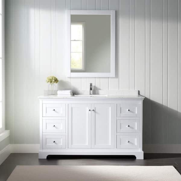 Avery 60in.Wx22 in.D Single Vanity in White with Cultured Marble Vanity Top in Light-Vein Carrara with White Basin