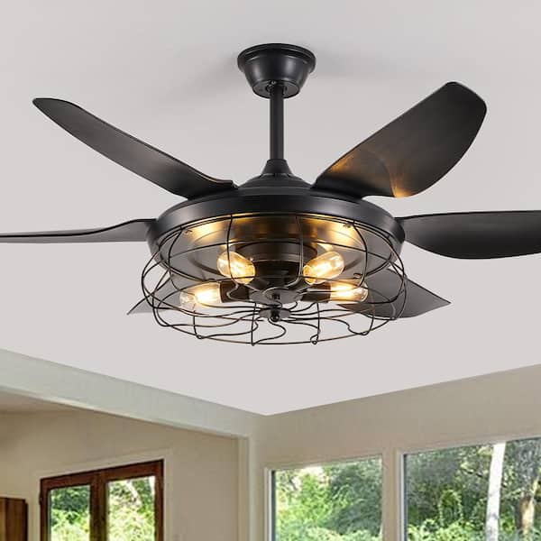 52 in. 5-Light Vintage Indoor Matte Black Caged Ceiling fan with Light Kit, Remote, 6-Speeds, Silent