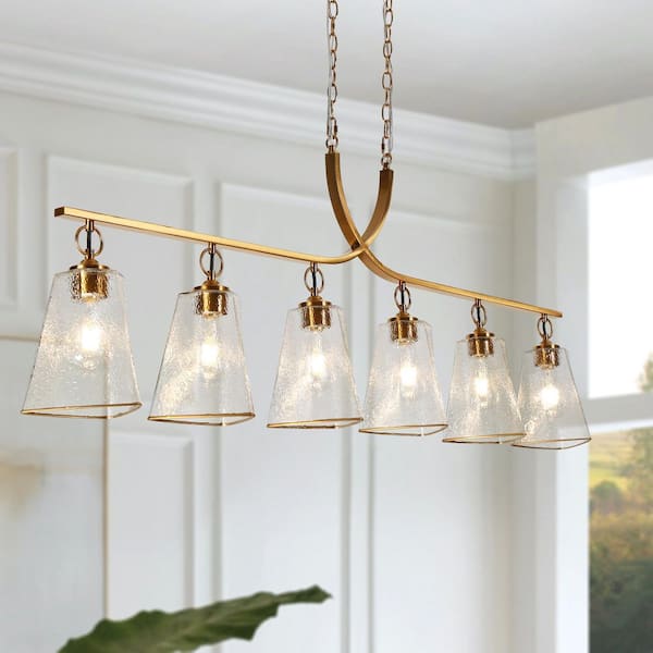 Sduiaor 55.1 in. 6-Light Transitional Brass Linear Chandelier with Textured Glass Shades Large Island Pendant Light