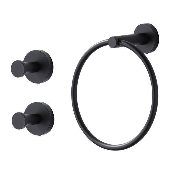 3-Piece Bath Hardware Set with Mounting Hardware with Towel RIng and Hooks in Matte Black