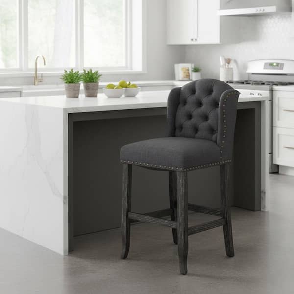 Essyra 44.5 in. H Antique Black/Gray Wingback Solid Wood Bar Height Chair with Fabric Seat (Set of 2)