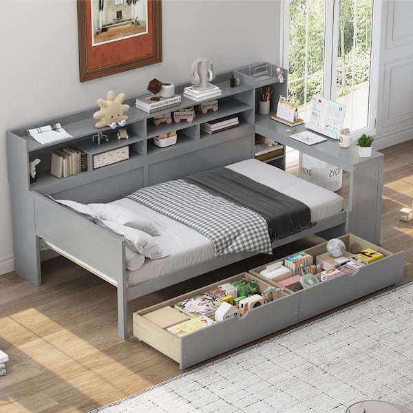 Harper & Bright Designs Gray Multi-functional Twin Size Wood Daybed with Storage Shelves, 2-Drawers and Study Desk