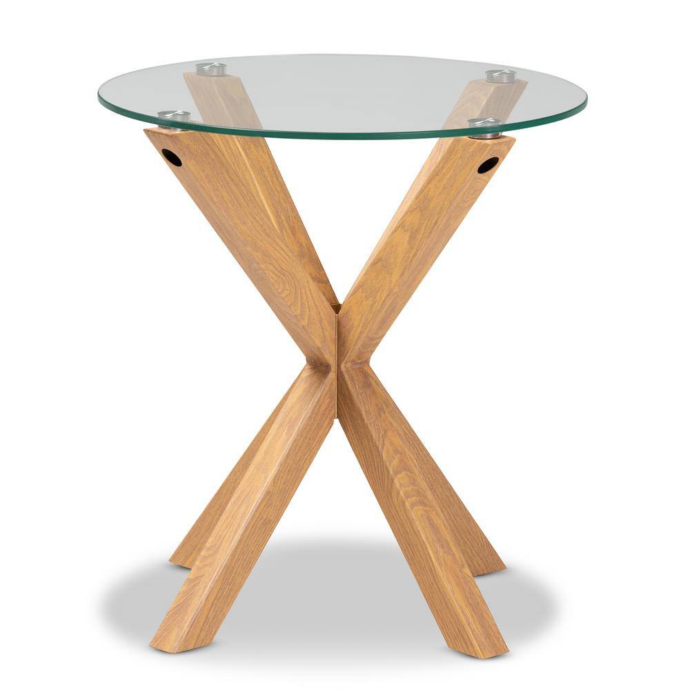 Round Glass and Wood End Table with Sculptural Base