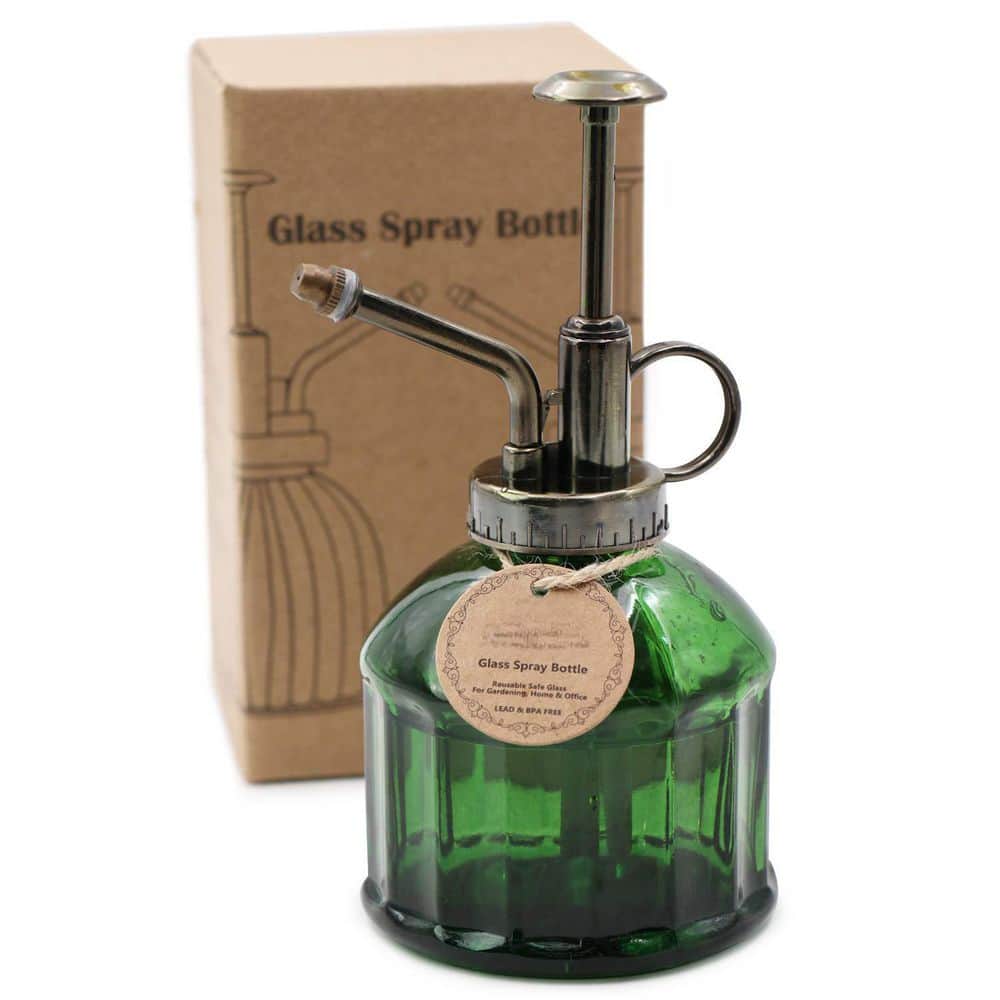 OGETFUUR 6.3 in. Tall Dark Green Glass Plant Sprayer, Indoor Plant Spray Bottle with Bronze ...