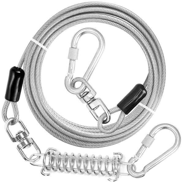 NVNOO 15 ft. Dog Leash Runner Cable with Swivel Hook and Shock Spring for Yard and Camping, White