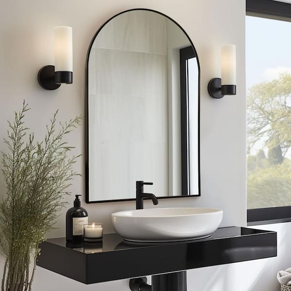 Lirago 24 in. W x 36 in. H Arch Mirror for Bathroom Entryway Wall Decor Metal Frame Wall Mounted Mirror in Black, Set of 2
