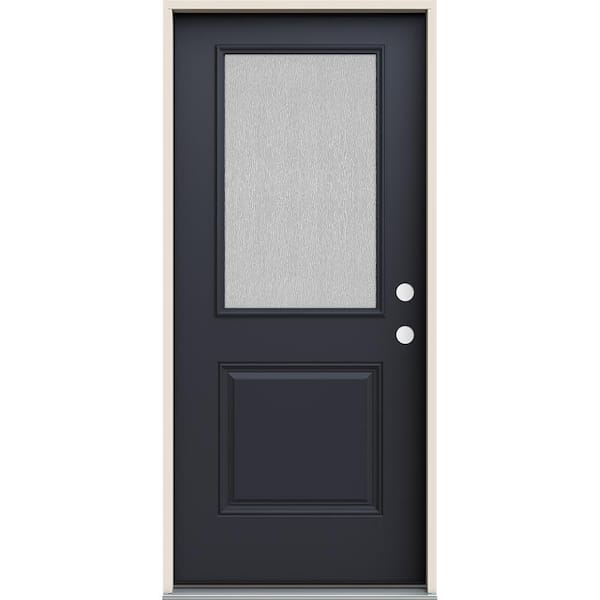 JELD-WEN 36 in. x 80 in. Left-Hand/Inswing 1/2 Lite Streamed Ripple Glass Black Steel Prehung Front Door
