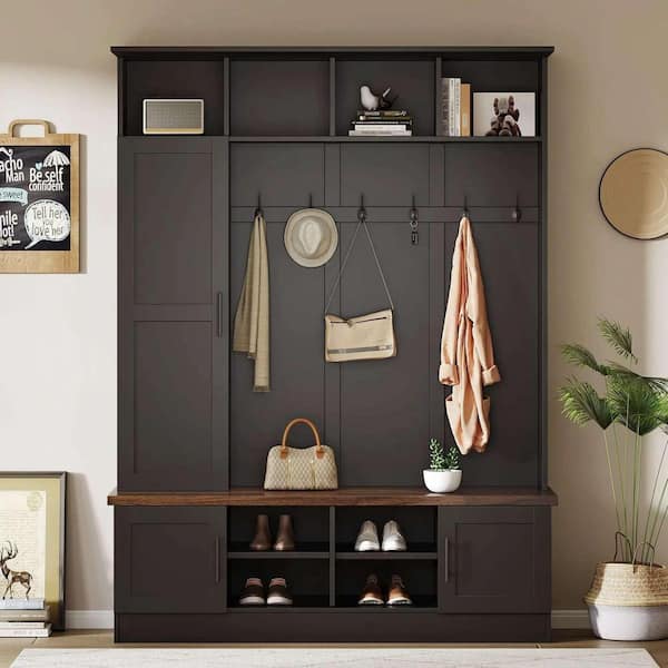 Modern Hall Tree with 6 Hooks, Walnut Storage Bench with Adjustable Shelves, Storage Space, Black plus Dark Walnut