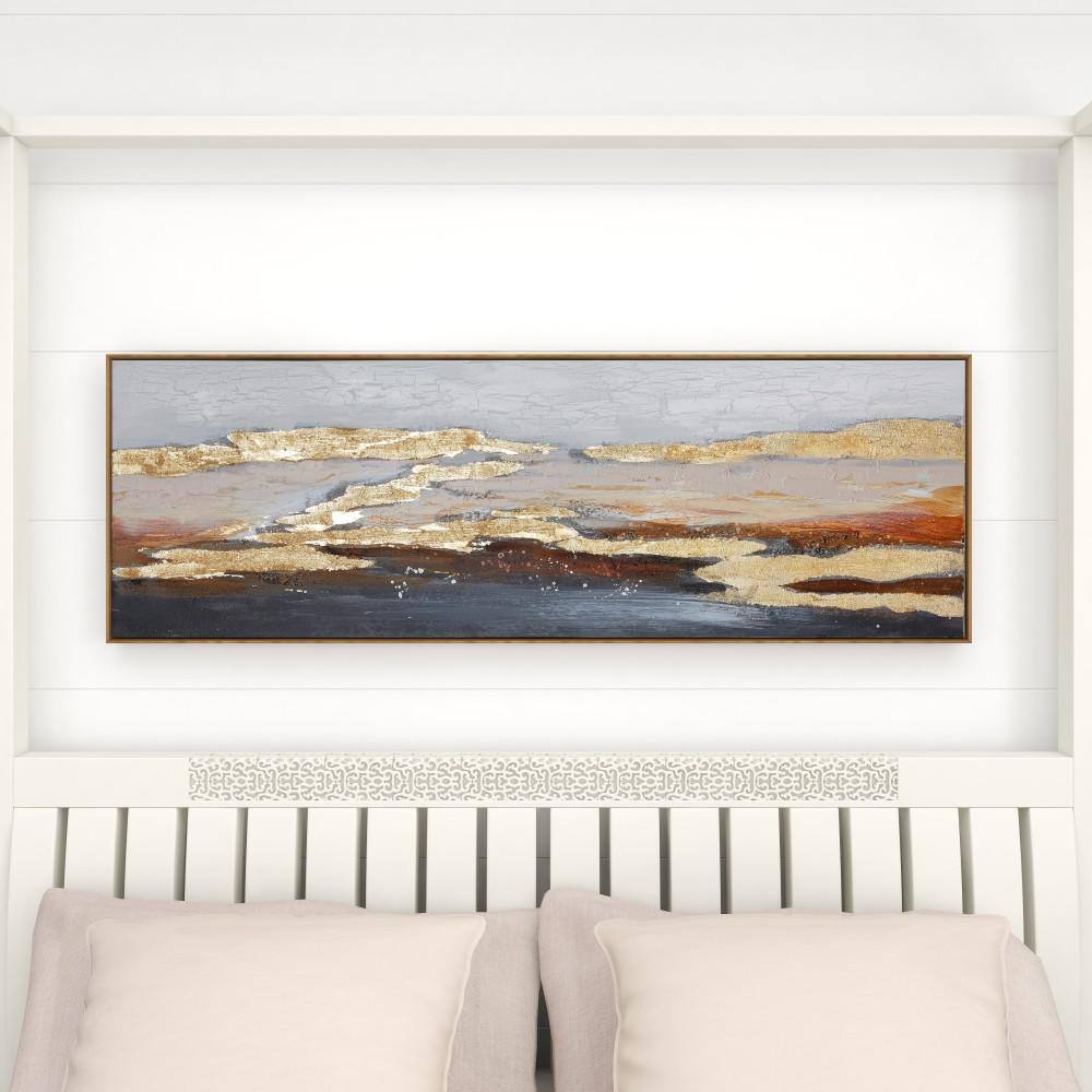 59" x 20" Gold and Beige Abstract Acrylic Landscape Painting on Canvas