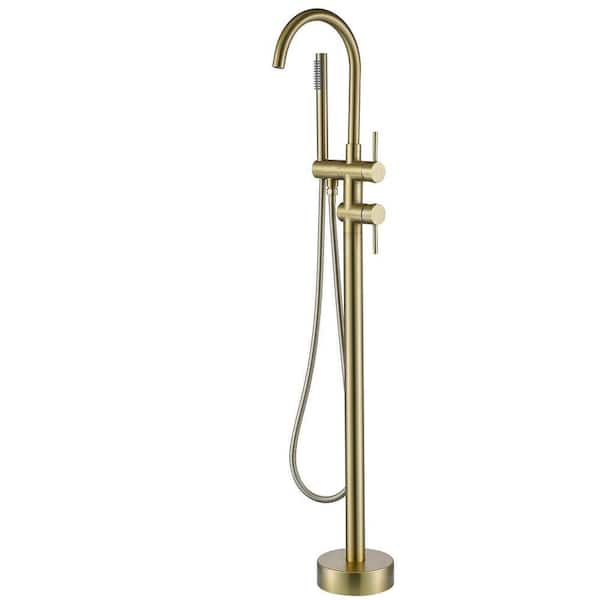 2-Handle Floor Mount Freestanding Tub Faucet with Hand Shower in Brushed Gold