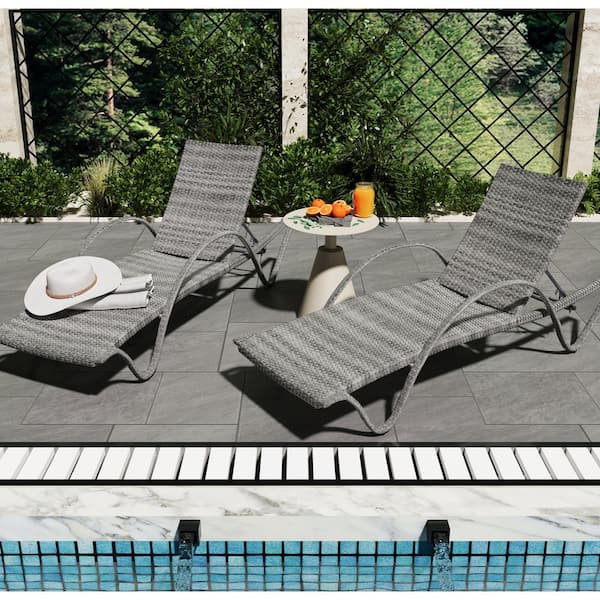 TWT 74.8 in. x 27.56 in. Gray HDPE Wicker Adjustable Outdoor Chaise Lounge for Rooftop Beach Patio Garden (Set of 4)