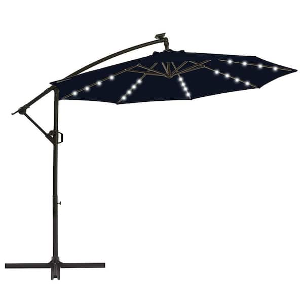 wikiwiki 10 ft. Solar LED Patio Offset Umbrella Outdoor Cantilever Umbrella Navy Blue