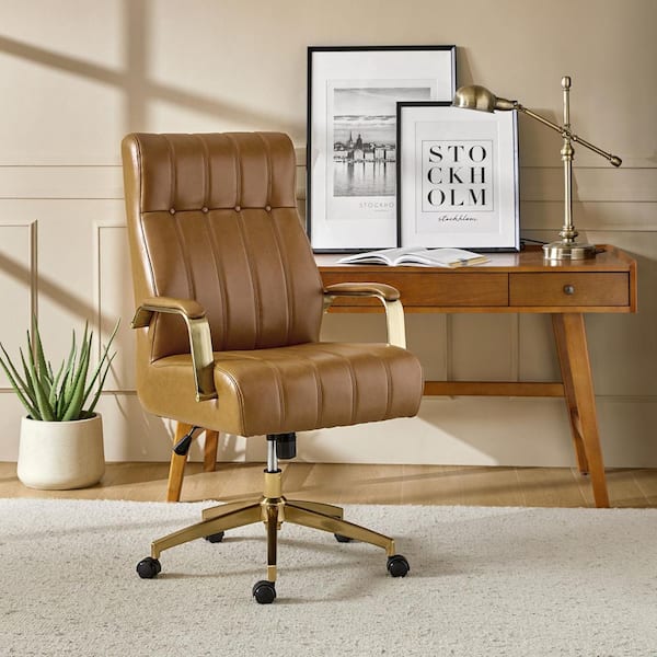 JAYDEN CREATION Costante Faux Leather Tufted Swivel and Tilting Ergonomic Executive Office Chair in Camel with High Back