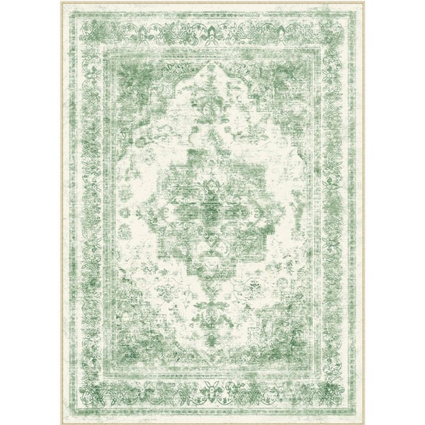 Persia Green 5 ft. x 7 ft. Vintage Medallion Distressed Area Rug