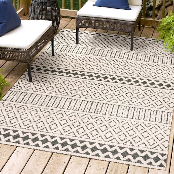 Ormond High-Low Modern Trellis Geometric Cream/Black 8 ft. x 10 ft. Indoor/Outdoor Area Rug
