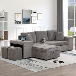 104.5 in. Knox Charcoal Full Size Sofa Bed with Storage Chaise, 2-Stools, Storage Compartment and Lumbar Pillows