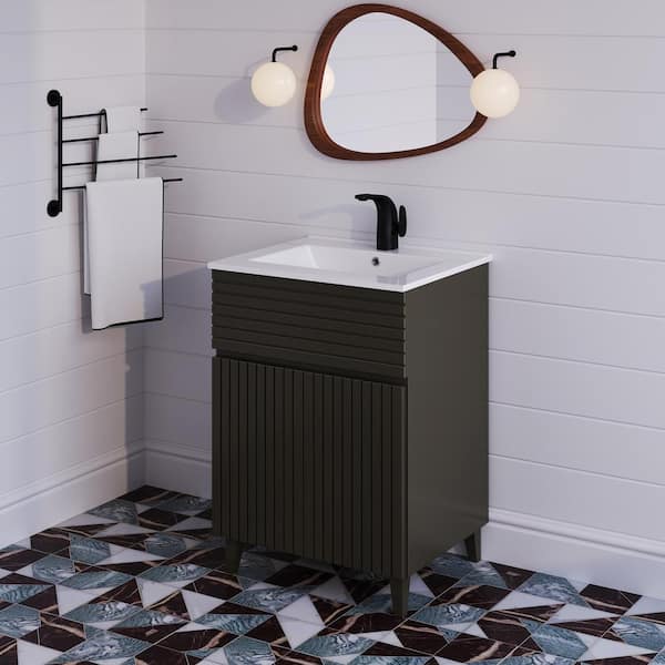 Swiss Madison Bernay 24 in. W x 18.31 in. D x 33.38 in. H Bath Vanity in Cedar Grey with Glossy White Ceramic Top