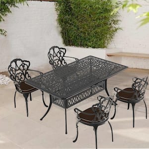 5-Piece Black Cast Aluminum Outdoor Dining Set, Patio Furniture with Rectangle Table and Random Color Cushions