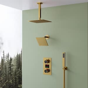 3-spray Dual Shower Head and Handheld Shower Head with Temperature Display in Brushed Gold(Valve Included)