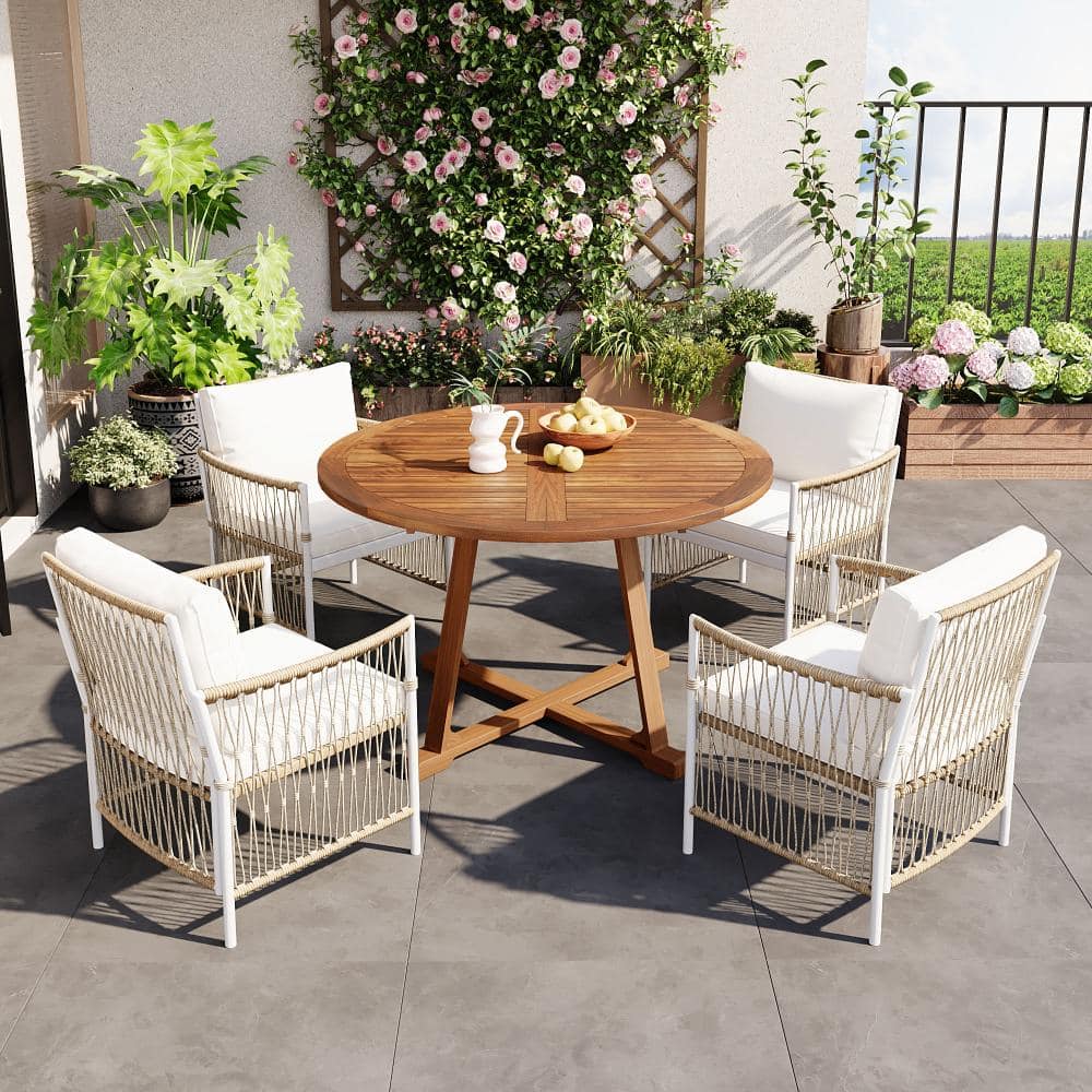 5-Piece Patio Extendable Wood Dining Set with Butterfly Leaf Foldable Round Table and 4 Rattan Armchairs, Natural price history on PriceWatchPro