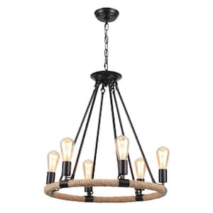 6-Light Farmhouse Black Candle Style Circle Wagon Wheel Chandelier for Dining Room Living Room with No Bulbs Included