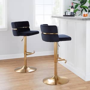 Cinch 32.5 in. Black Velvet and Gold Metal Adjustable Bar Stool with Rounded T Footrest (Set of 2)